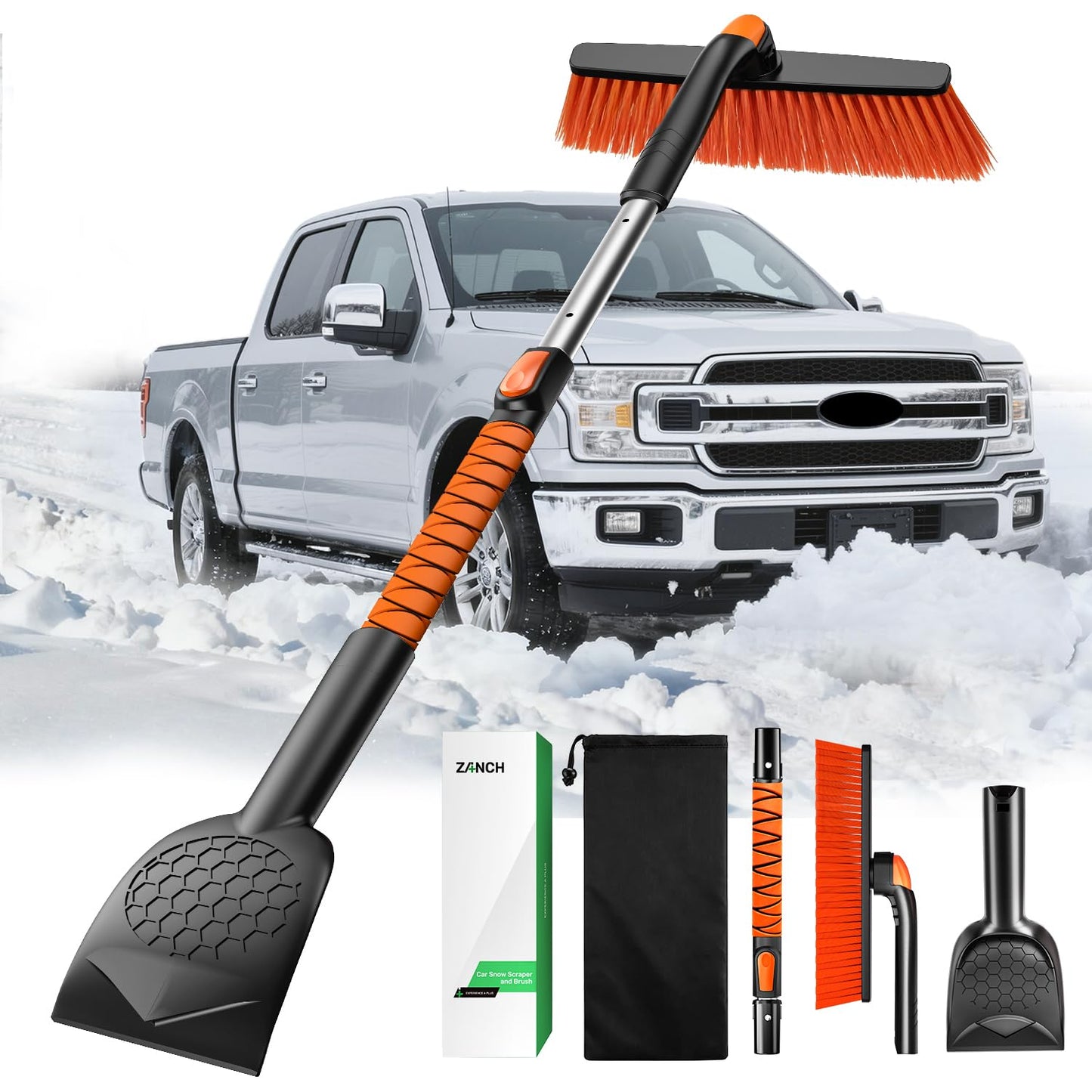 Zanch 3-in-1 27" Snow Brush and Ice Scraper for Car Windshield [Wider Snow Brush, One-Wipe Clean] Snow Brush for Car with Ergonomic Foam Grip for All Cars,Truck,SUV, Winter Accessories