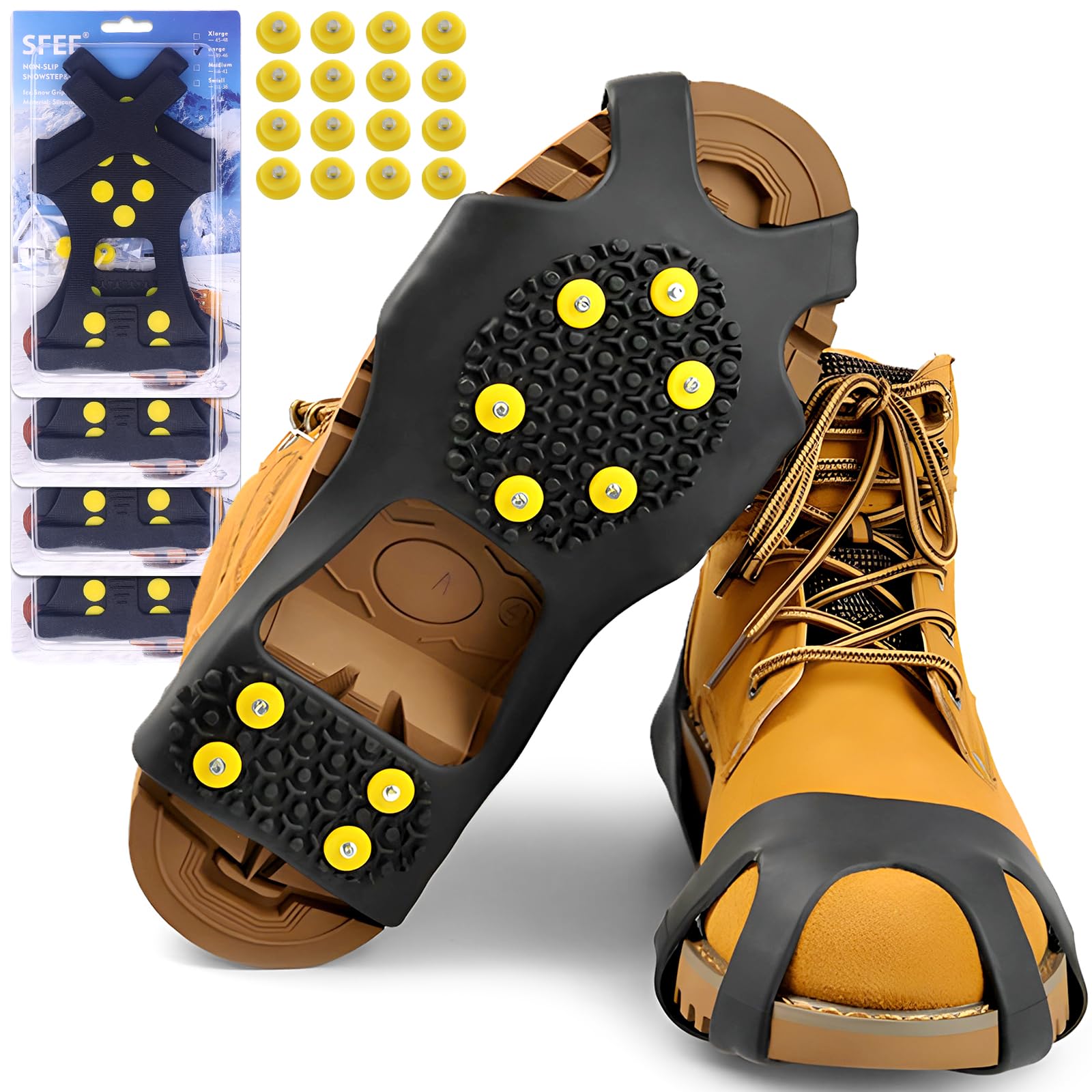 Sfee Ice Cleats for Boots Shoes, Snow Grips Cleats for Ice and Snow Anti-Slip Rubber Traction Cleats for Walking on Snow and Ice 10 Steel Studs Crampons for Hiking, Walking, Climbing, Jogging