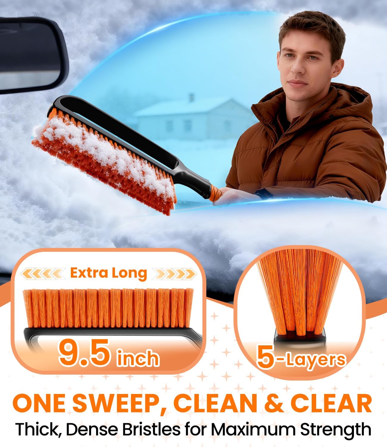 Zanch 3-in-1 27" Snow Brush and Ice Scraper for Car Windshield [Wider Snow Brush, One-Wipe Clean] Snow Brush for Car with Ergonomic Foam Grip for All Cars,Truck,SUV, Winter Accessories