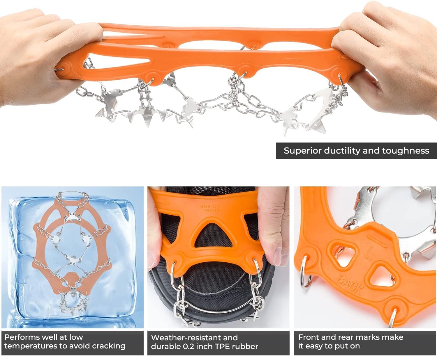 Sportneer Crampons： Ice Cleats for Shoes and Boots with 28 Spikes - Traction Slip-on Stretch Footwear for Walking and Shoveling on Ice and Snow