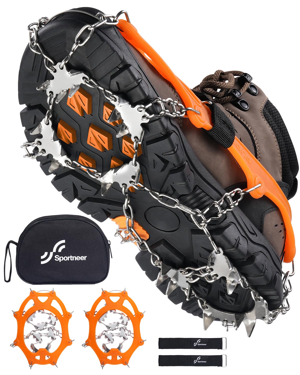 Sportneer Crampons： Ice Cleats for Shoes and Boots with 28 Spikes - Traction Slip-on Stretch Footwear for Walking and Shoveling on Ice and Snow