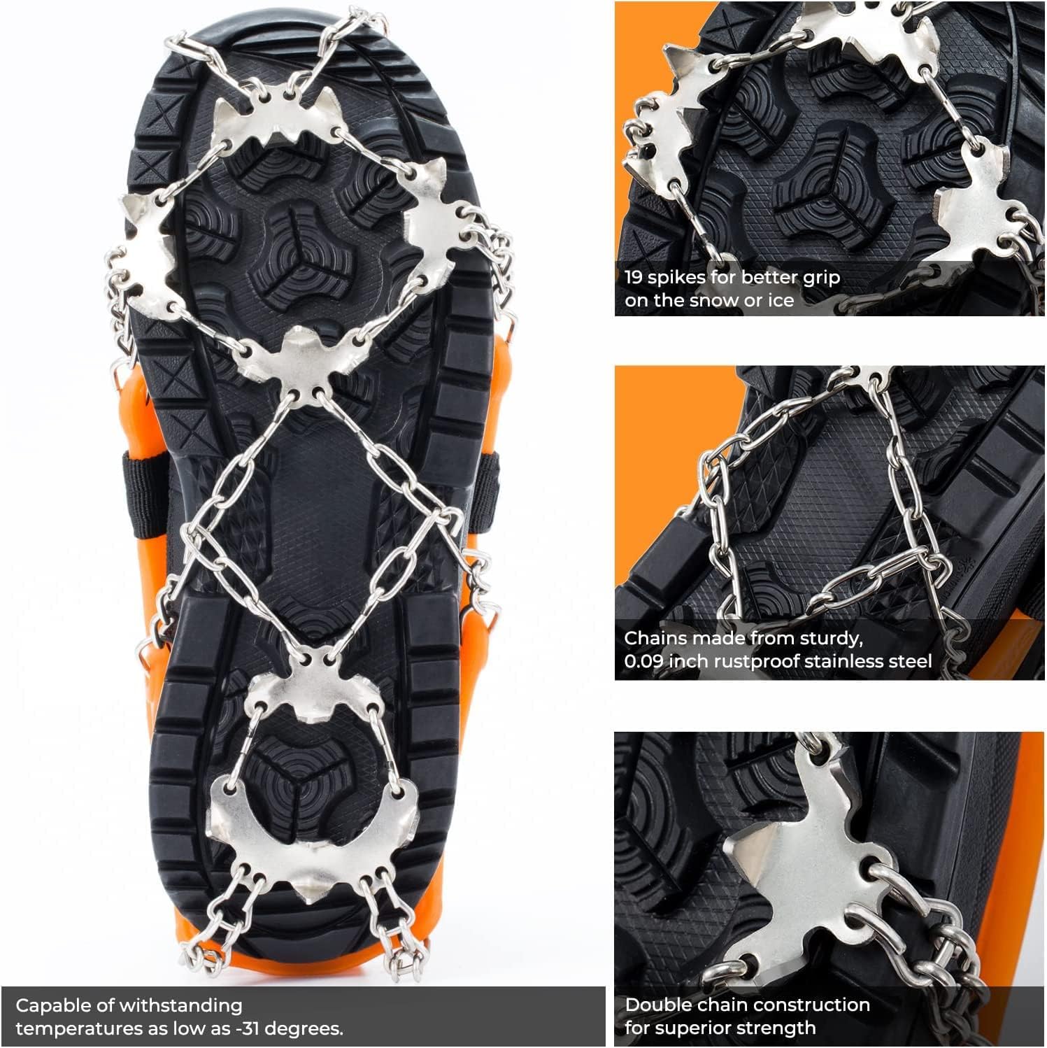 Sportneer Crampons： Ice Cleats for Shoes and Boots with 28 Spikes - Traction Slip-on Stretch Footwear for Walking and Shoveling on Ice and Snow