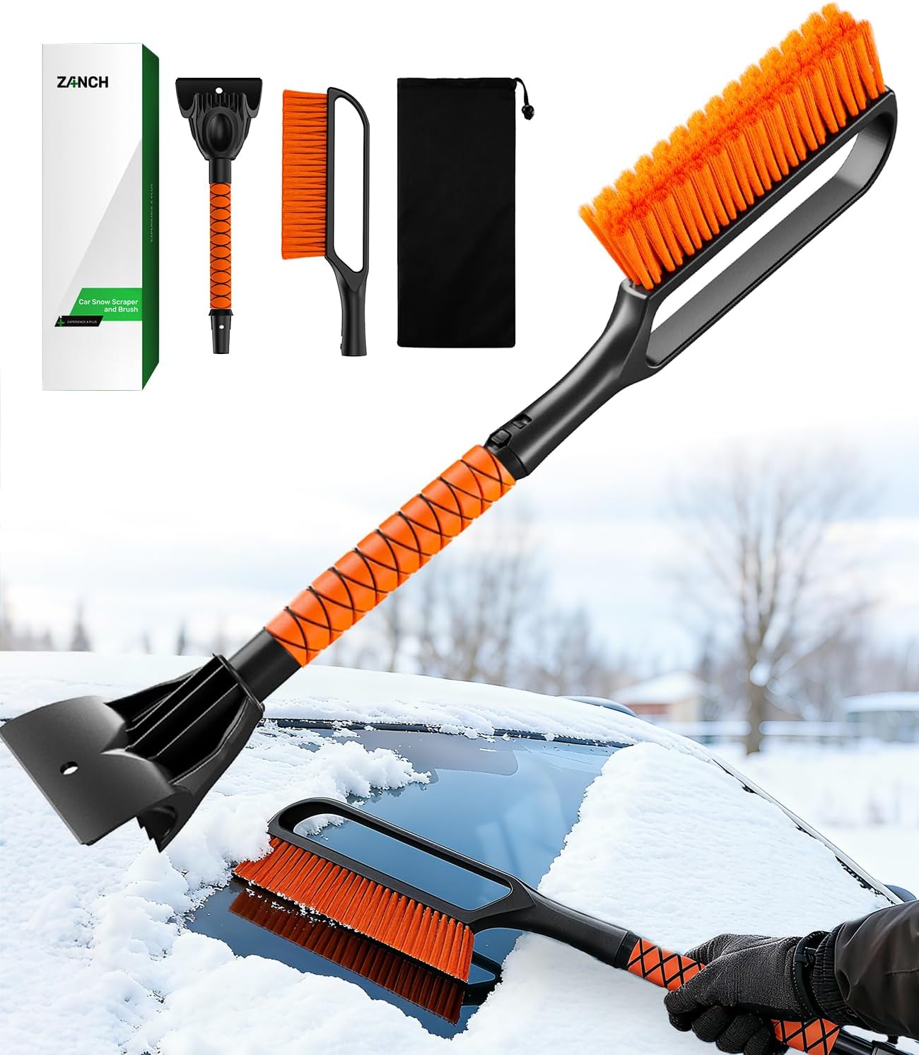 Zanch 3-in-1 27" Snow Brush and Ice Scraper for Car Windshield [Wider Snow Brush, One-Wipe Clean] Snow Brush for Car with Ergonomic Foam Grip for All Cars,Truck,SUV, Winter Accessories