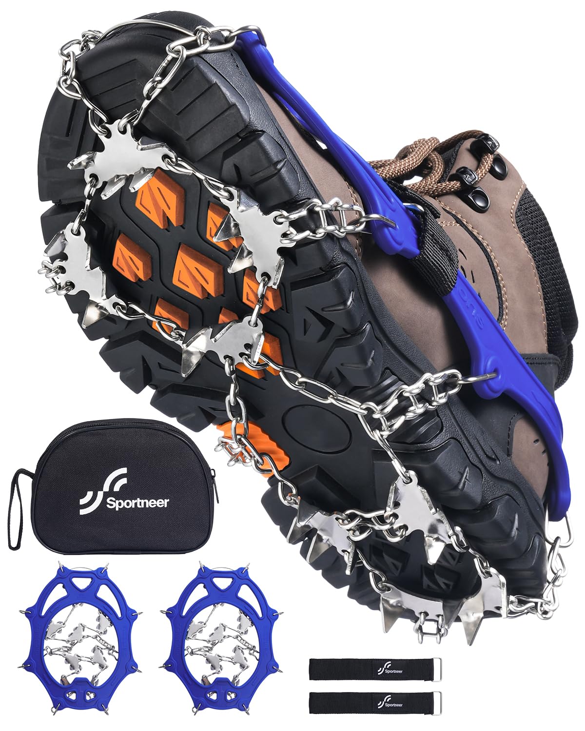 Sportneer Crampons： Ice Cleats for Shoes and Boots with 28 Spikes - Traction Slip-on Stretch Footwear for Walking and Shoveling on Ice and Snow