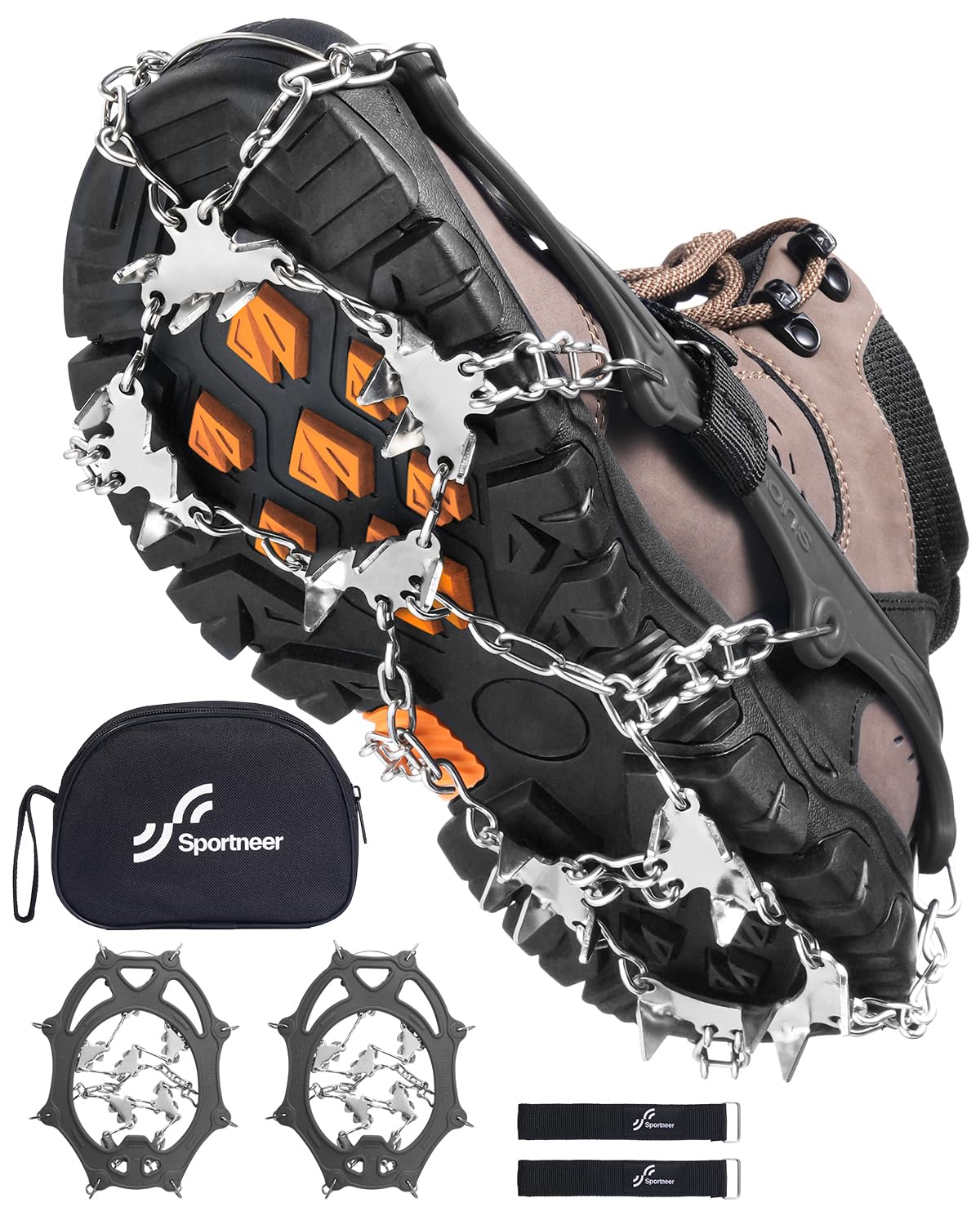 Sportneer Crampons： Ice Cleats for Shoes and Boots with 28 Spikes - Traction Slip-on Stretch Footwear for Walking and Shoveling on Ice and Snow