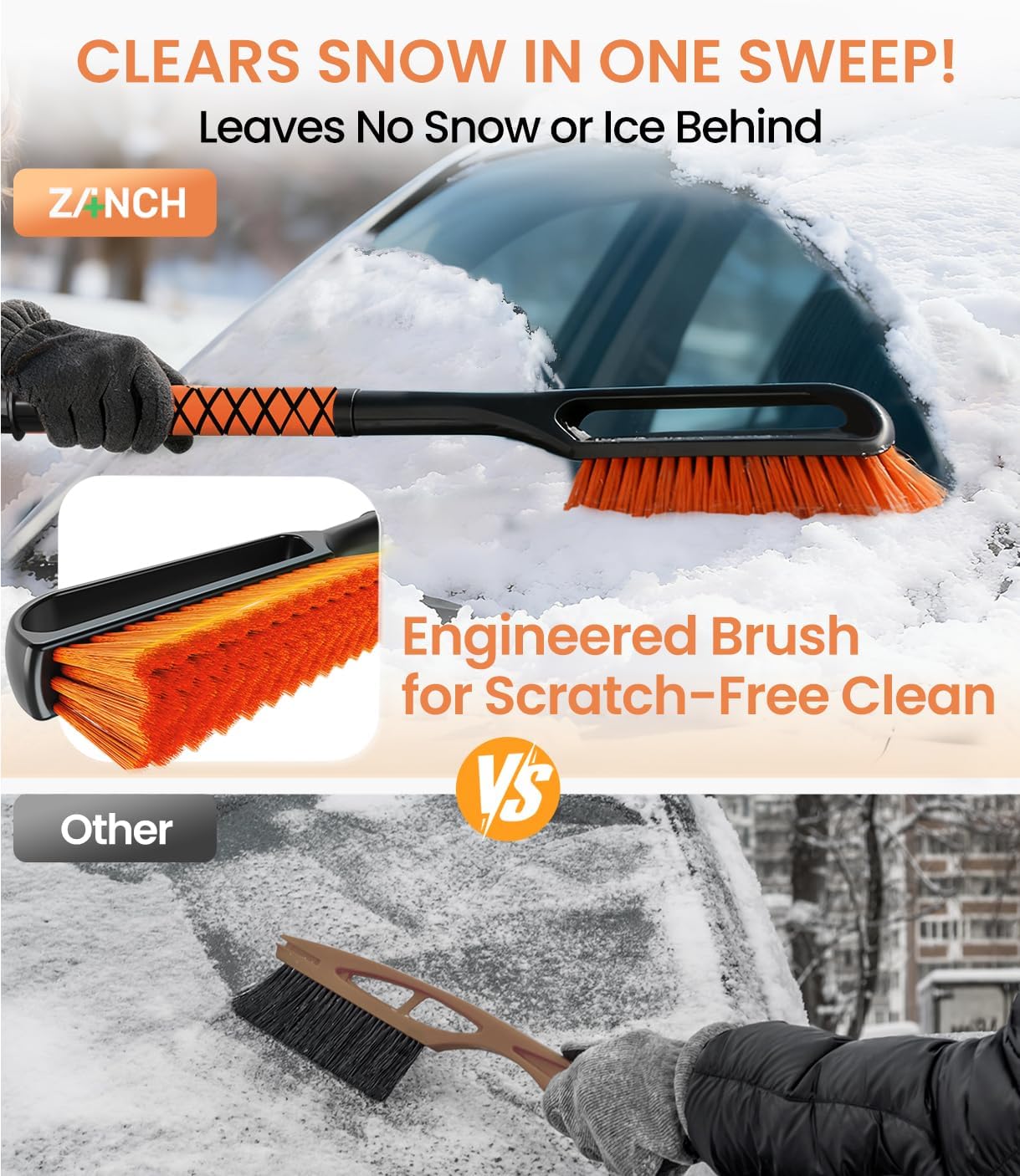 Zanch 3-in-1 27" Snow Brush and Ice Scraper for Car Windshield [Wider Snow Brush, One-Wipe Clean] Snow Brush for Car with Ergonomic Foam Grip for All Cars,Truck,SUV, Winter Accessories