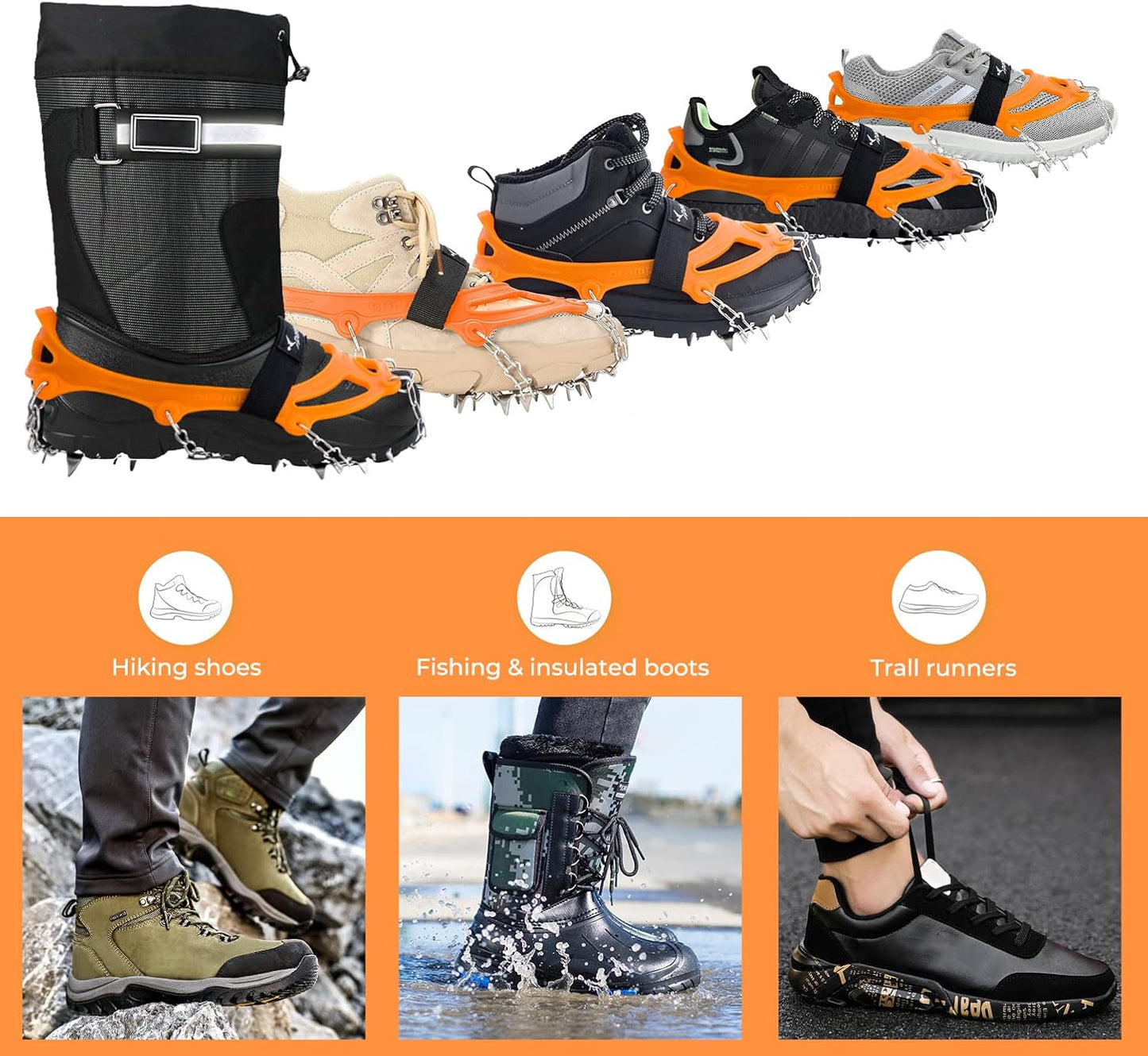 Sportneer Crampons： Ice Cleats for Shoes and Boots with 28 Spikes - Traction Slip-on Stretch Footwear for Walking and Shoveling on Ice and Snow