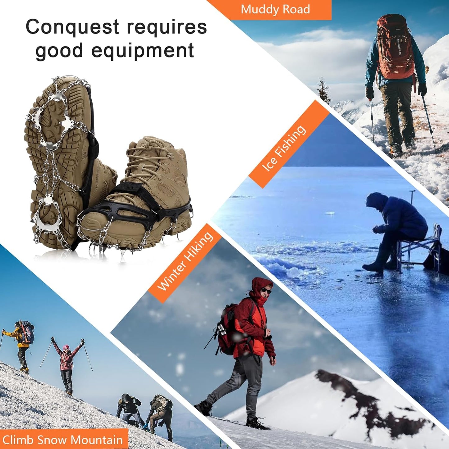 Crampons 19 Spikes with Stainless Steel Chain Ice Snow Grips Traction Cleats System Safe Protect for Walking, Jogging, Climbing, Hiking on Snow and Ice, Boots Chains for Women Men