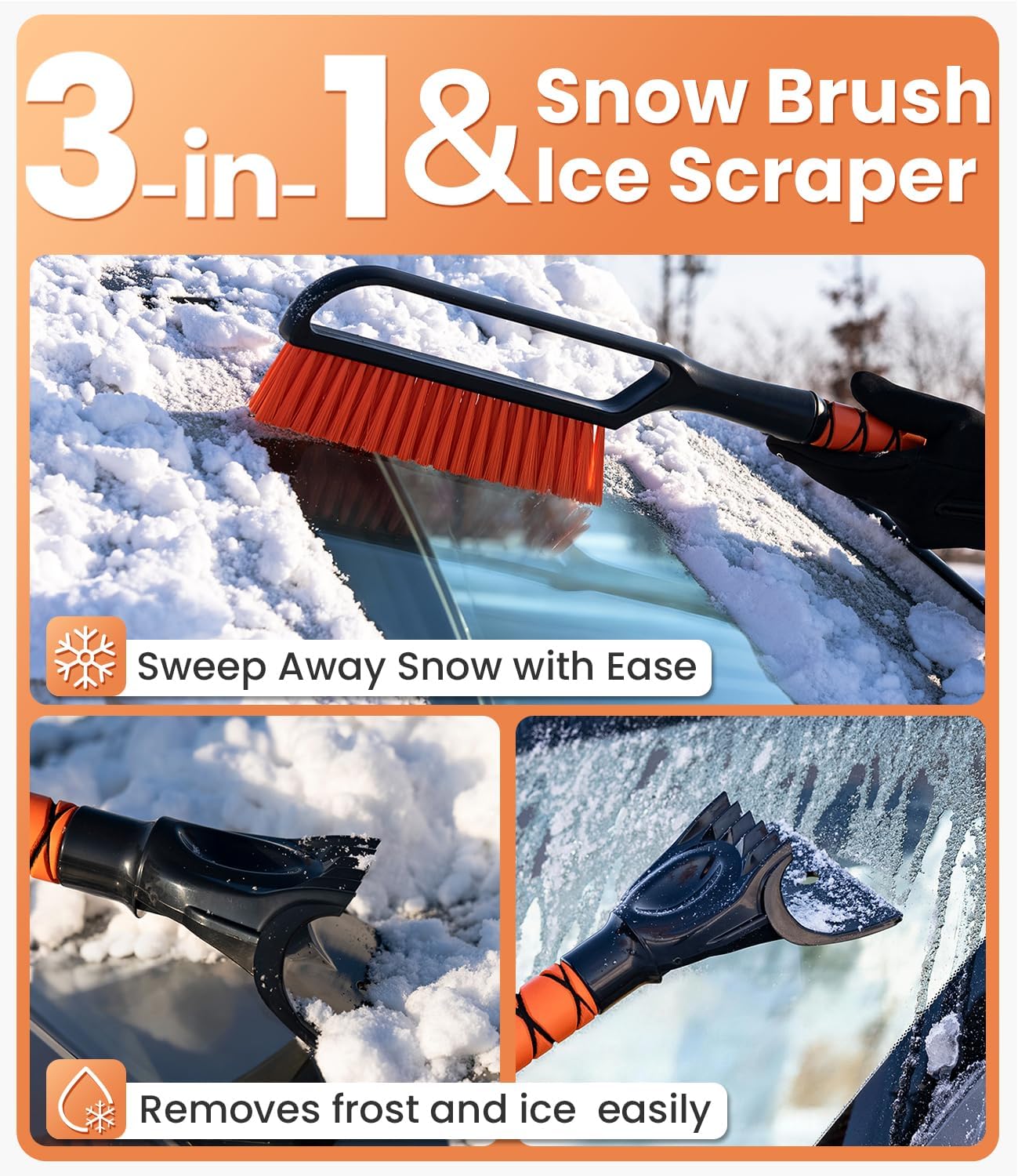 Zanch 3-in-1 27" Snow Brush and Ice Scraper for Car Windshield [Wider Snow Brush, One-Wipe Clean] Snow Brush for Car with Ergonomic Foam Grip for All Cars,Truck,SUV, Winter Accessories