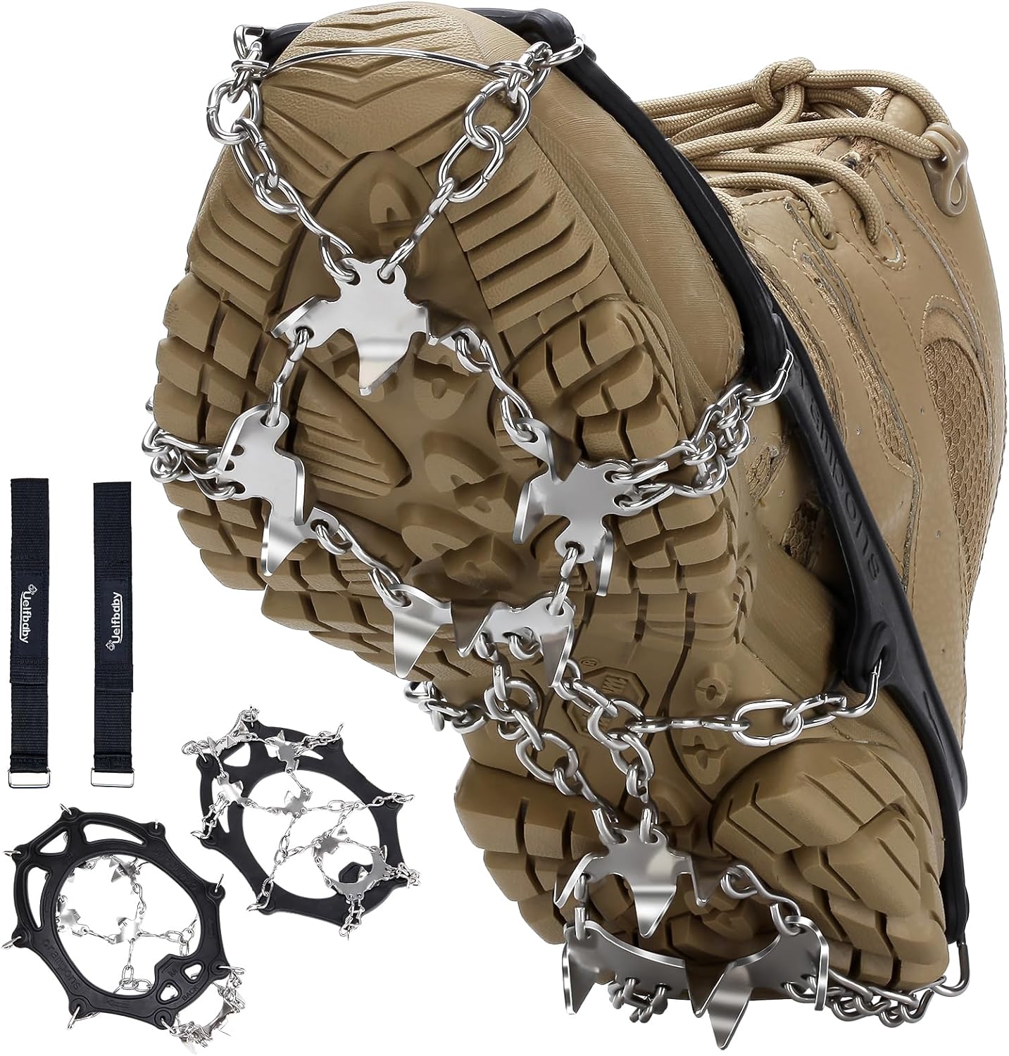 Crampons 19 Spikes with Stainless Steel Chain Ice Snow Grips Traction Cleats System Safe Protect for Walking, Jogging, Climbing, Hiking on Snow and Ice, Boots Chains for Women Men