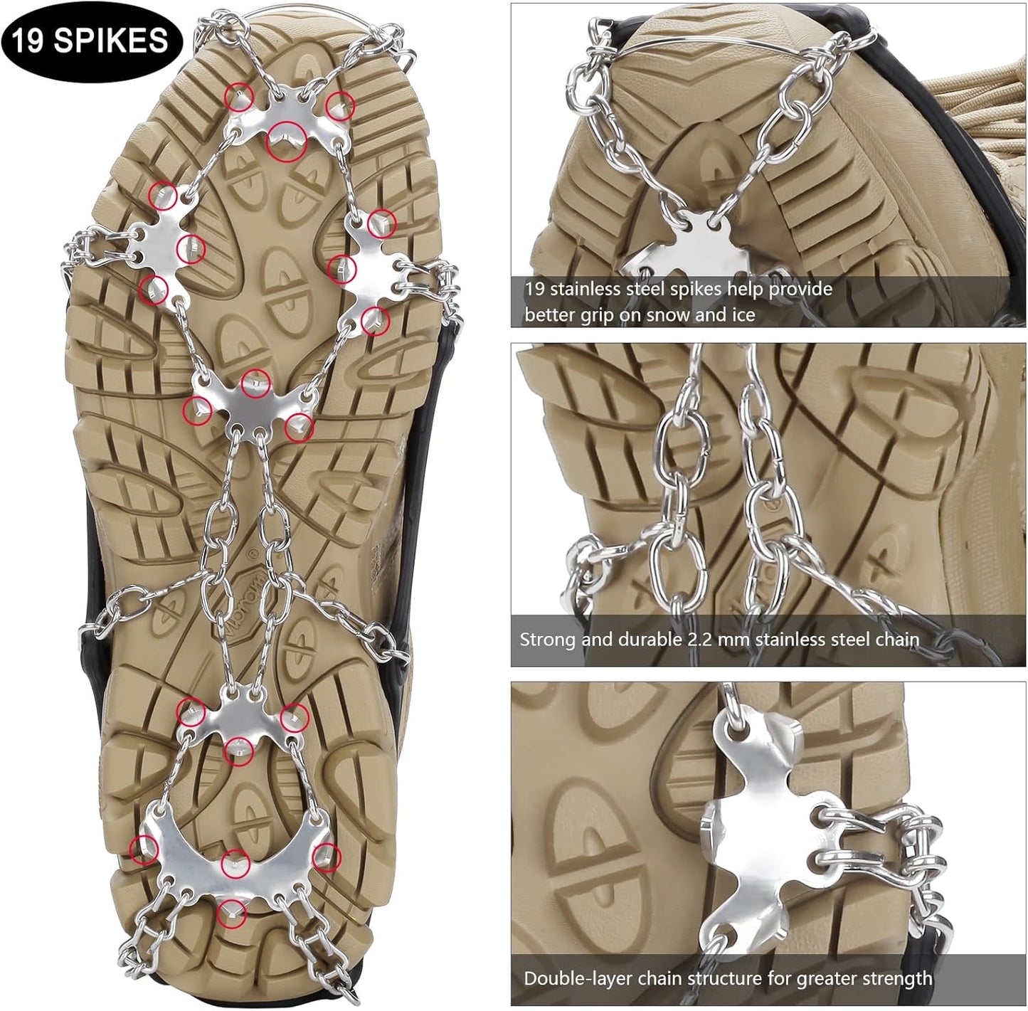 Crampons 19 Spikes with Stainless Steel Chain Ice Snow Grips Traction Cleats System Safe Protect for Walking, Jogging, Climbing, Hiking on Snow and Ice, Boots Chains for Women Men