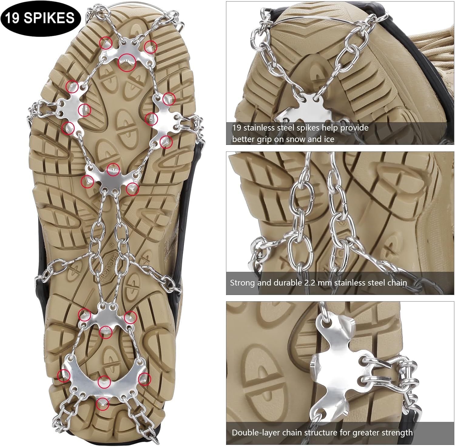 Crampons 19 Spikes with Stainless Steel Chain Ice Snow Grips Traction Cleats System Safe Protect for Walking, Jogging, Climbing, Hiking on Snow and Ice, Boots Chains for Women Men