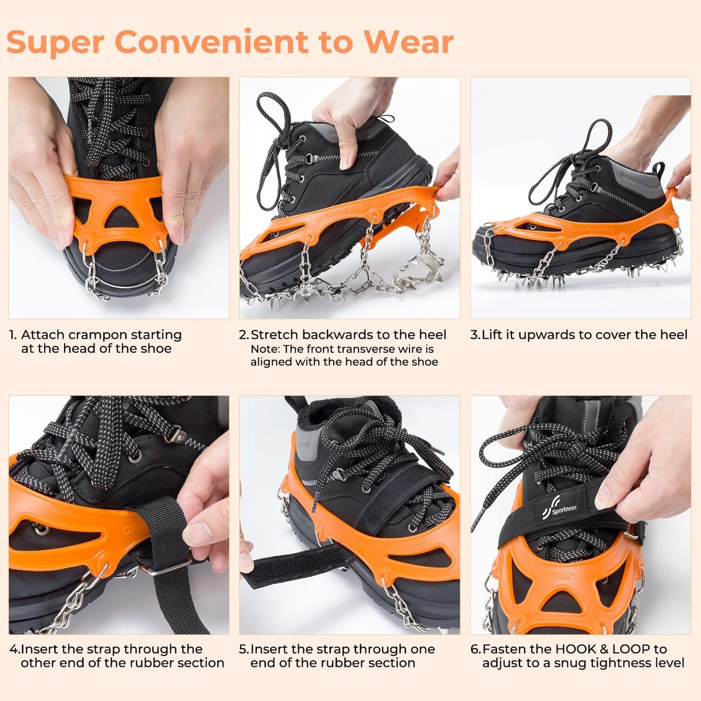 Sportneer Crampons： Ice Cleats for Shoes and Boots with 28 Spikes - Traction Slip-on Stretch Footwear for Walking and Shoveling on Ice and Snow