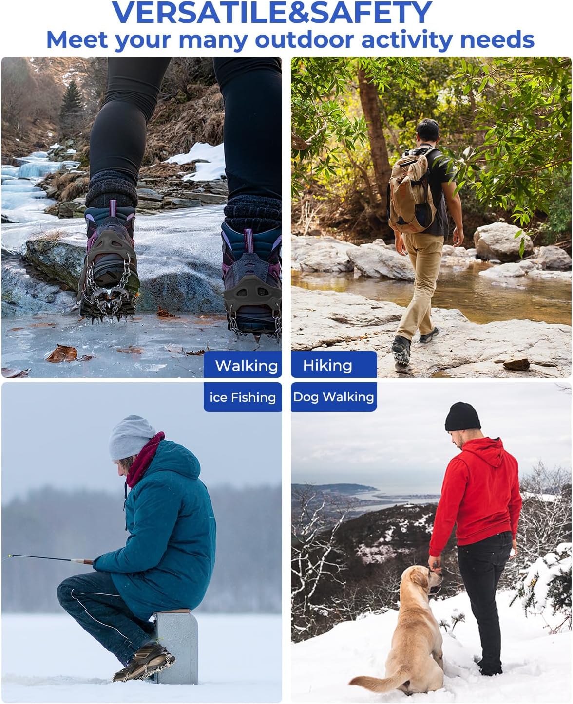 Sportneer Crampons： Ice Cleats for Shoes and Boots with 28 Spikes - Traction Slip-on Stretch Footwear for Walking and Shoveling on Ice and Snow